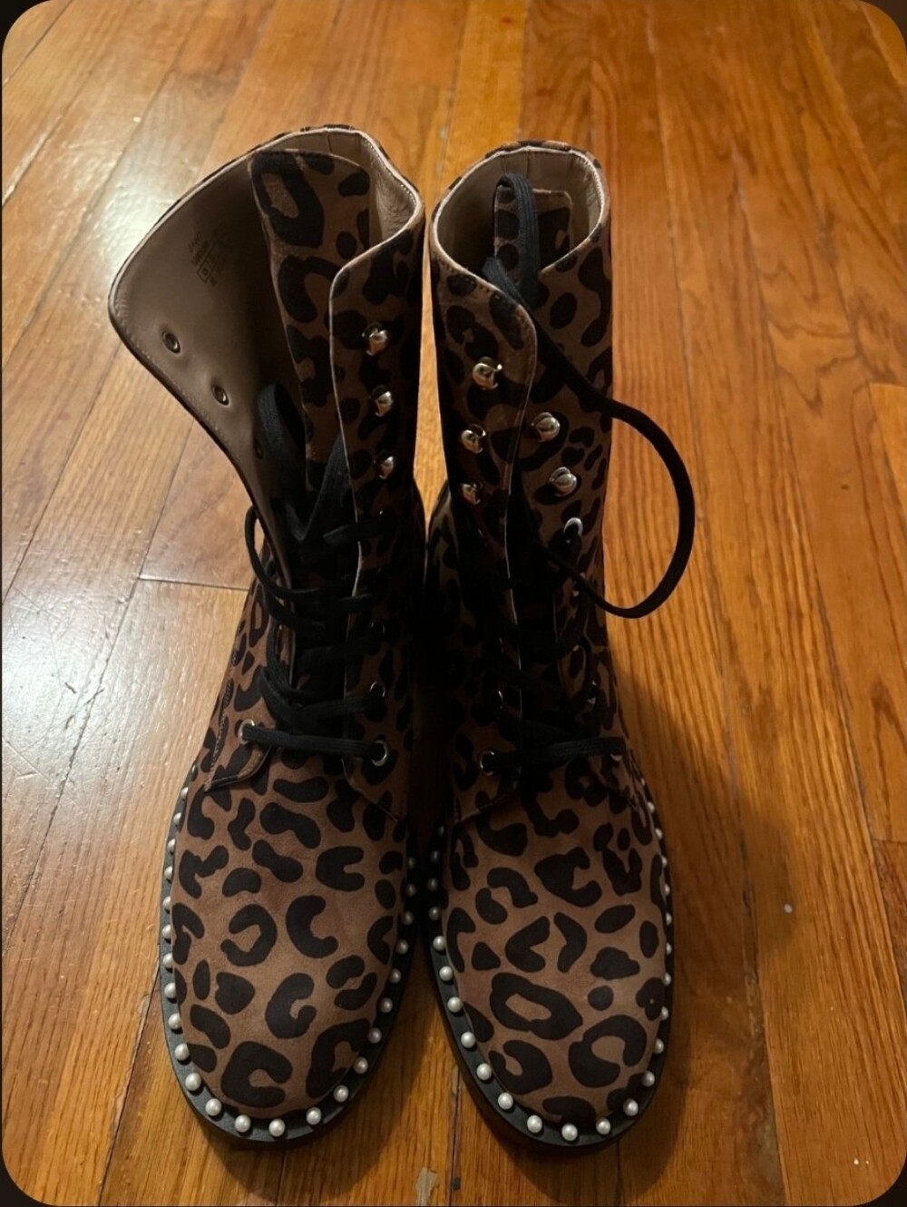Stuart Weitzman Cheeta Faux Pearl trim boot 8.5